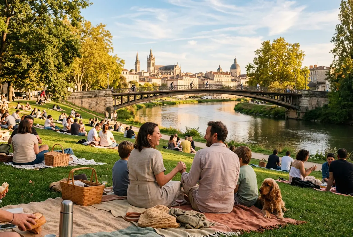 Pique-nique sur les berges d'une rivière en ville