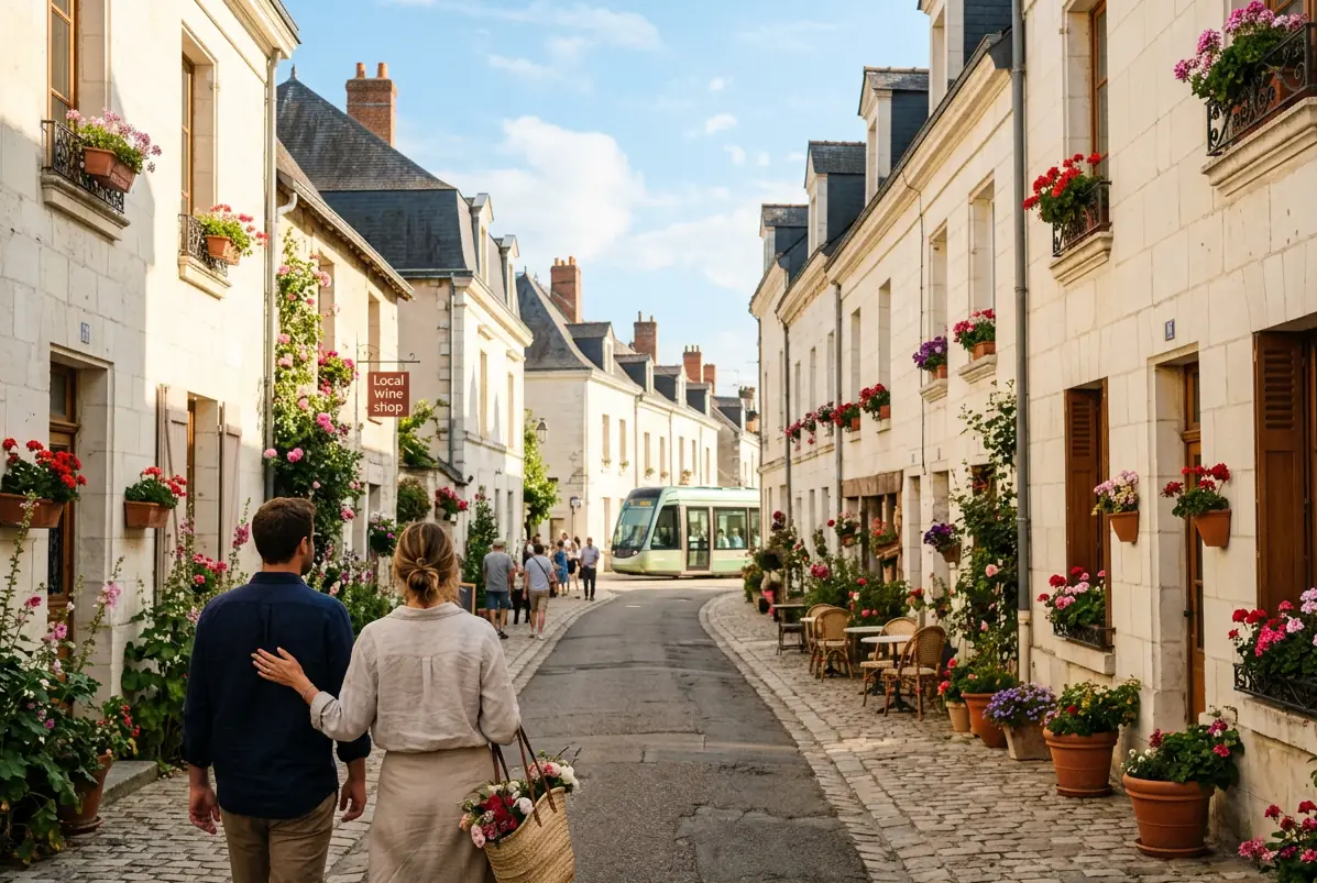 Rue de pierre blanche et toits d'ardoise dans une ville de la Loire
