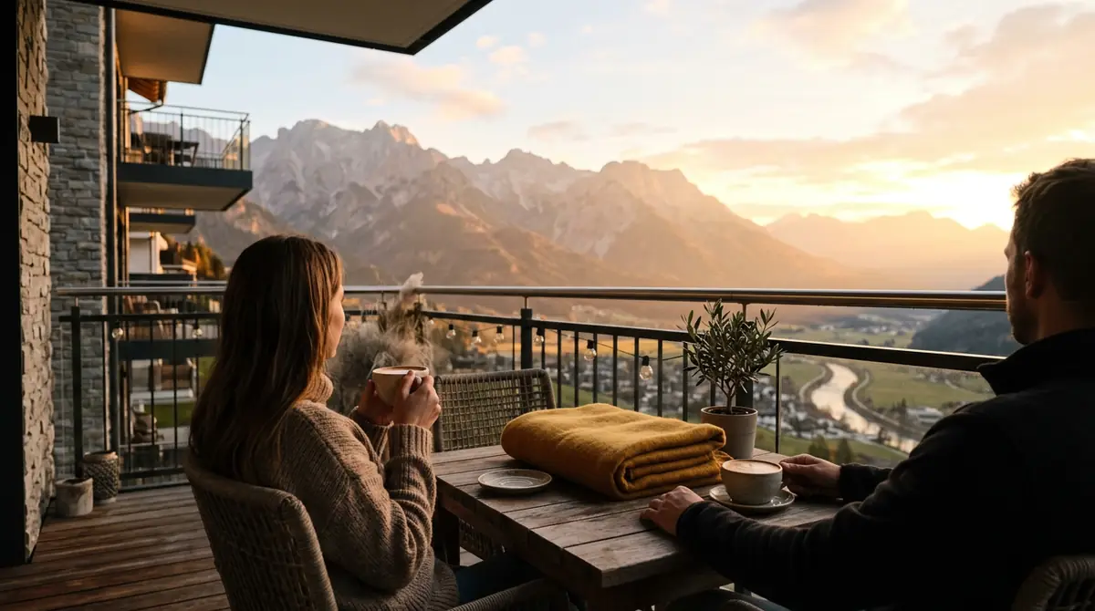 Café du matin sur un balcon face aux montagnes
