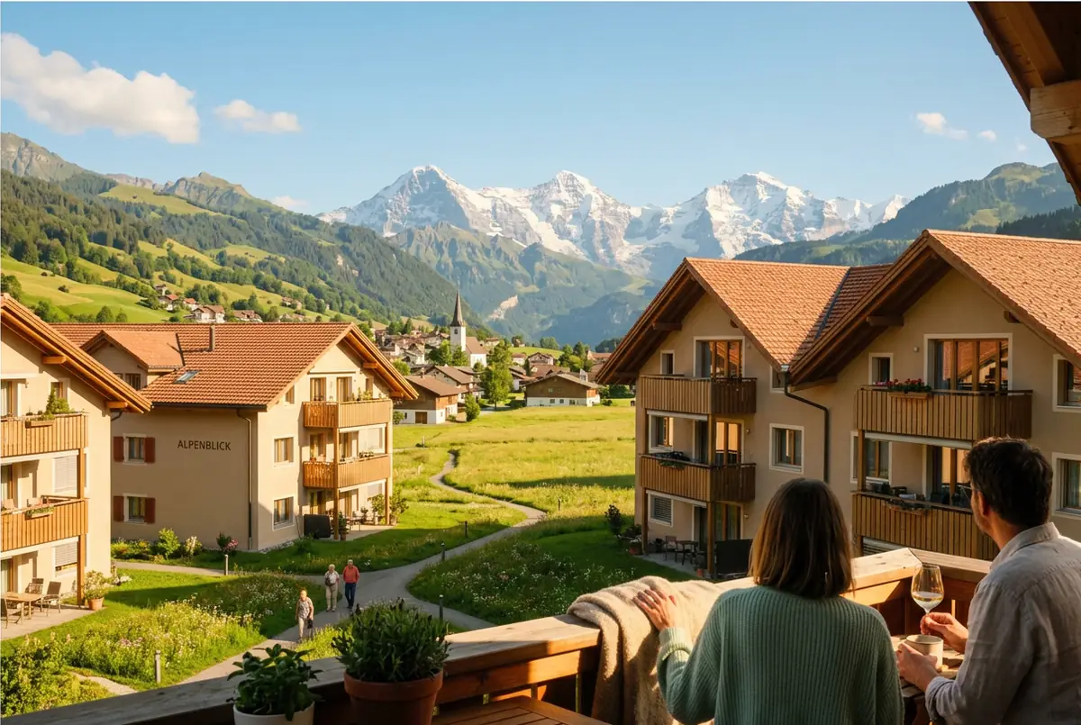 Petite ville de vallée alpine au pied des montagnes