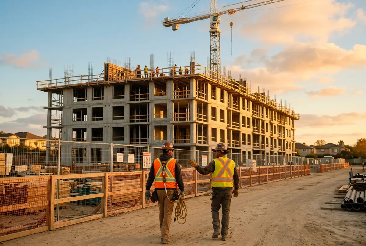 Chantier d'une résidence neuve au coucher du soleil