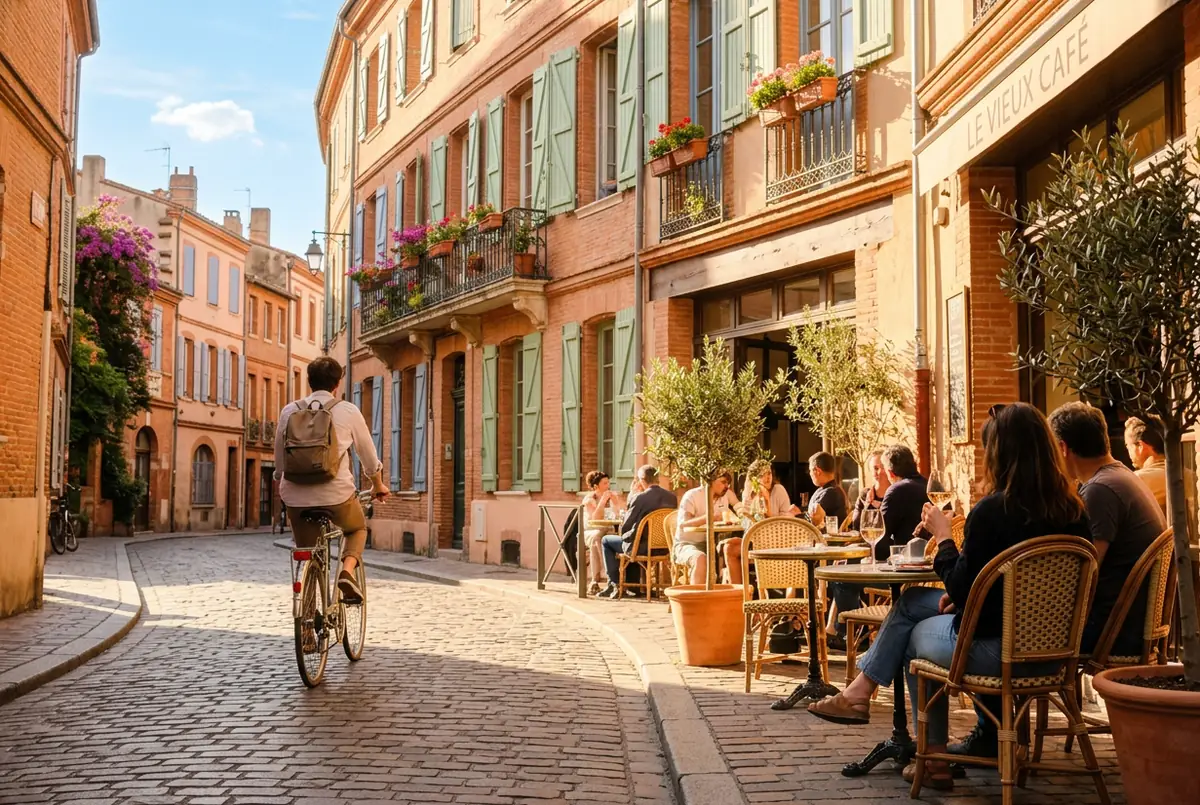 Rue en brique rose sous le soleil du Sud-Ouest