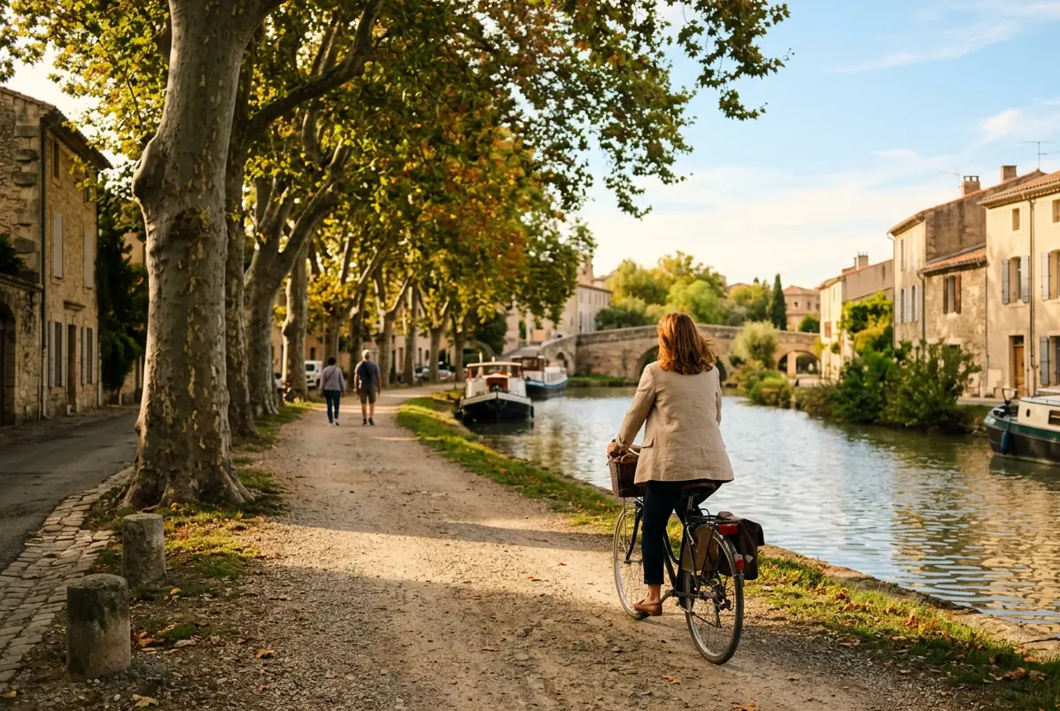 Balade à vélo le long d'un canal bordé de platanes
