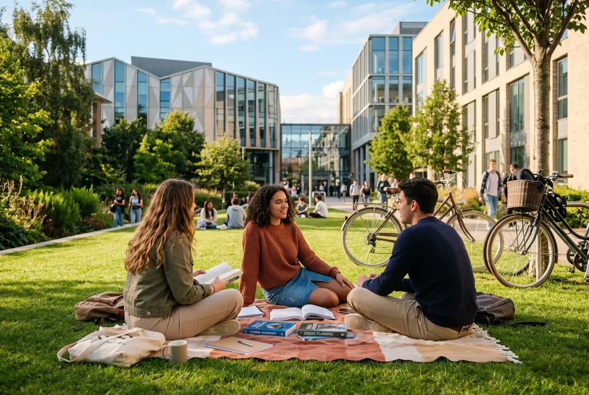 Étudiants sur la pelouse d'un campus au soleil